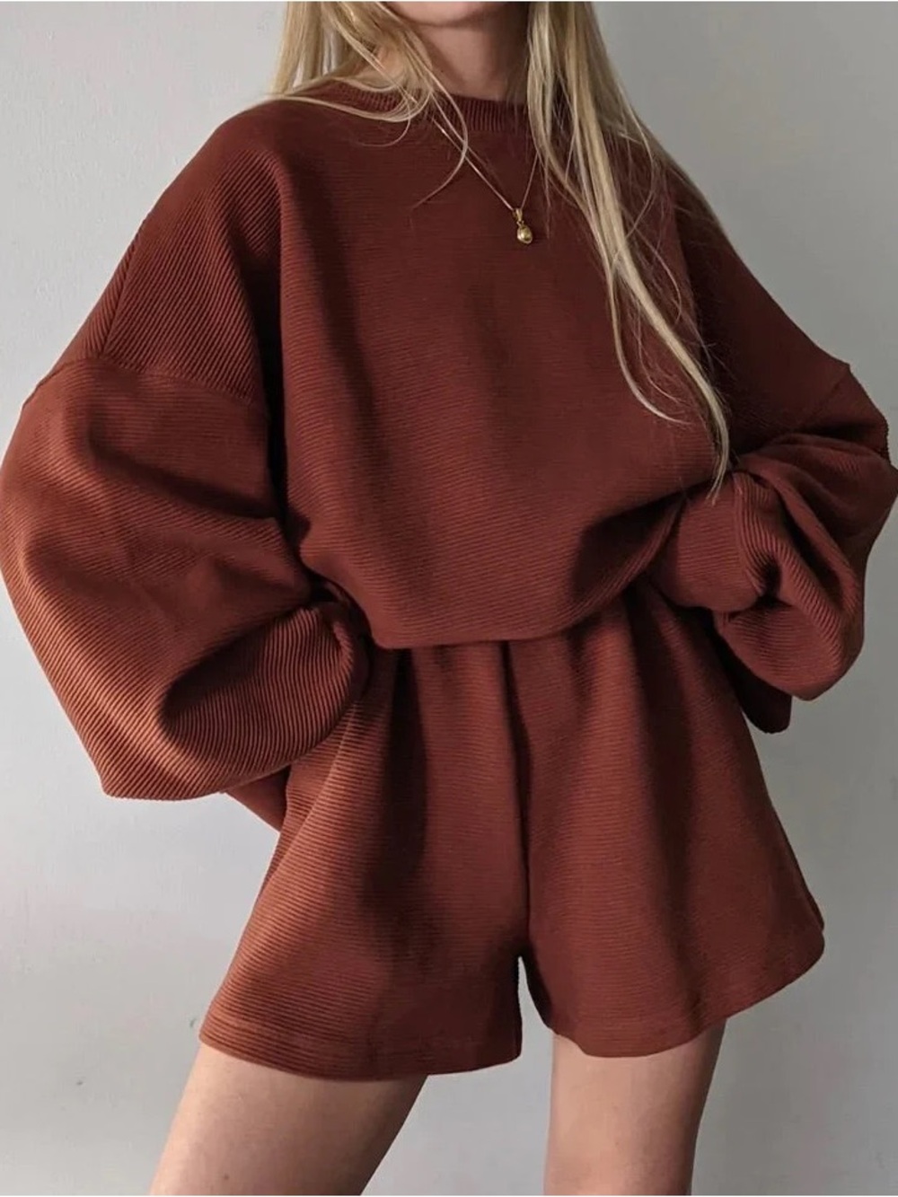 EUC Na Nin Set - Margo Rippled Cropped Sweatshirt + Chloe Shorts in Cinnamon - Picture 2 of 12